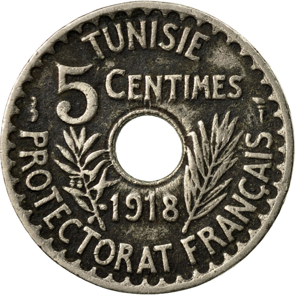 Coin, Tunisia, Muhammad al-Nasir Bey, 5 Centimes, 1918, Paris, EF(40-45)