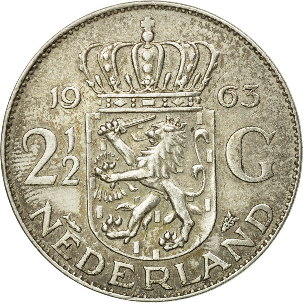 Coin, Netherlands, Juliana, 2-1/2 Gulden, 1963, EF(40-45), Silver, KM:185