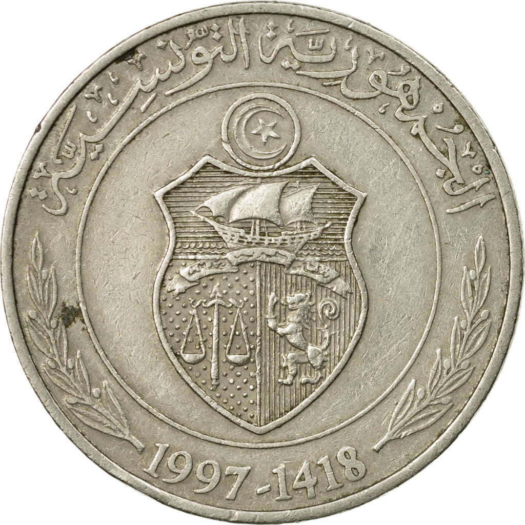 Coin, Tunisia, Dinar, 1997, Paris, EF(40-45), Copper-nickel, KM:347