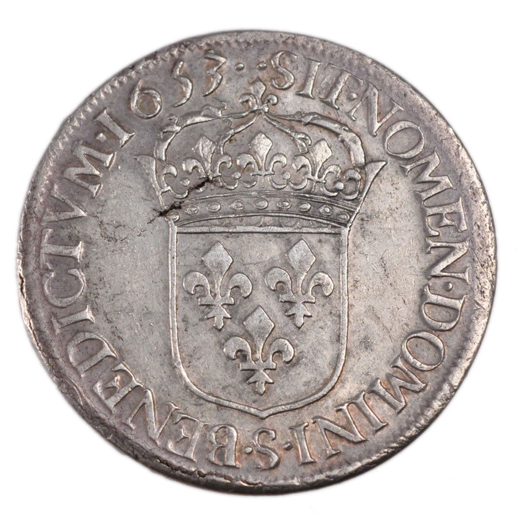 FRANCE, Écu à la mèche longue, ECU, 1653, Troyes, KM #155.15, EF(40-45), Silver,