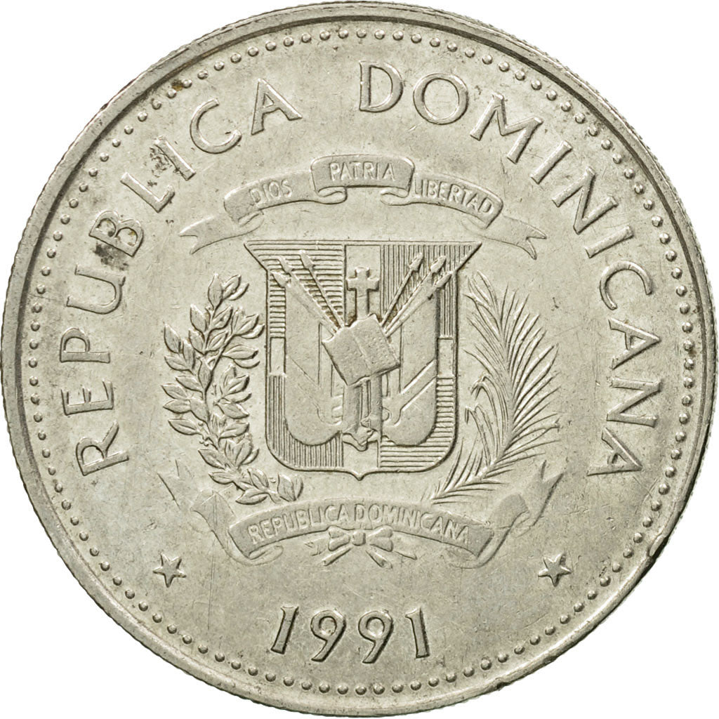 Moneta, Repubblica domenicana, 25 Centavos, 1991, MB+, Acciaio ricoperto in