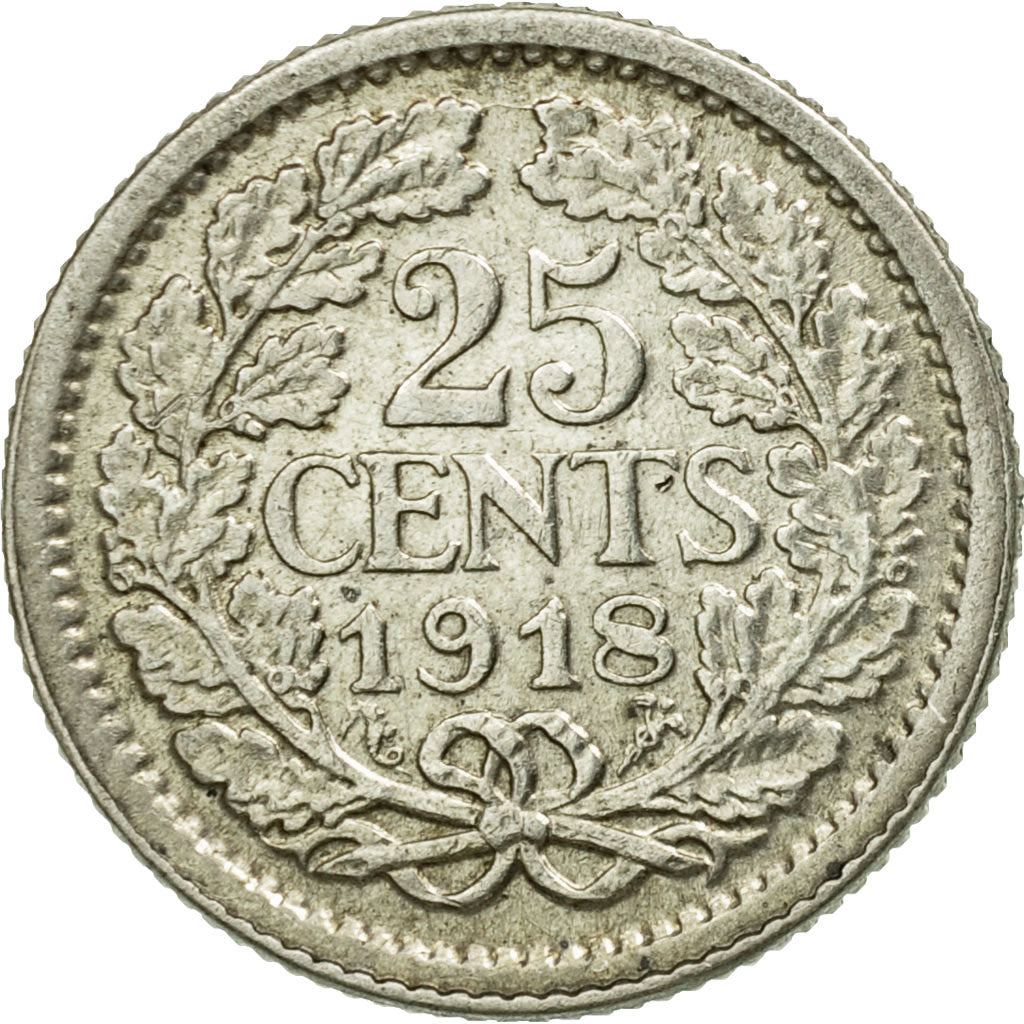 Coin, Netherlands, Wilhelmina I, 25 Cents, 1918, EF(40-45), Silver, KM:146