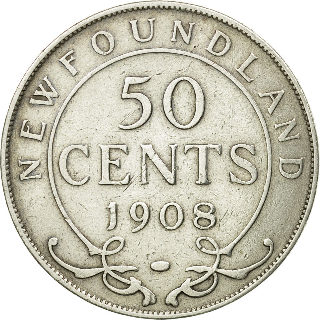 Coin, NEWFOUNDLAND, 50 Cents, 1908, Royal Canadian Mint, EF(40-45), Silver