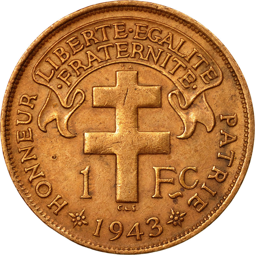 Coin, French Equatorial Africa, Franc, 1943, Pretoria, AU(55-58), Bronze, KM:2a