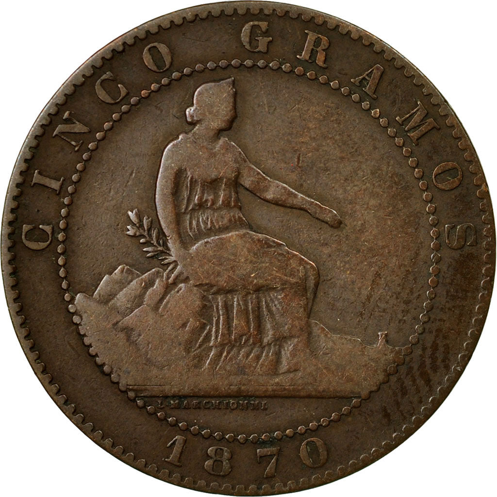 Moneda, España, Provisional Government, 5 Centimos, 1870, Madrid, MBC, Cobre