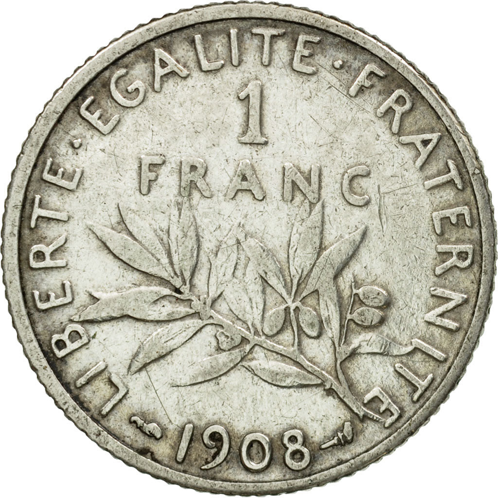 Moneta, Francia, Semeuse, Franc, 1908, Paris, MB+, Argento, KM:844.1, Le