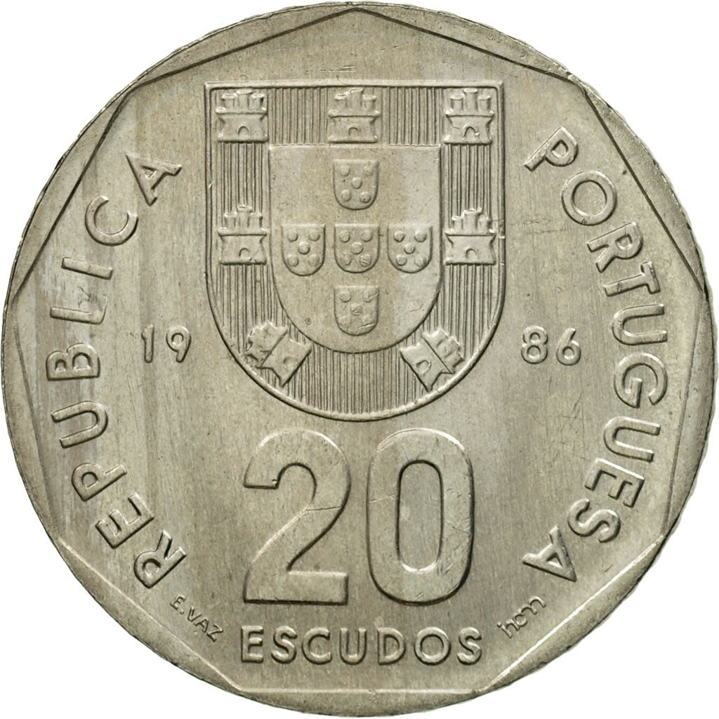 Coin, Portugal, 20 Escudos, 1986, Lisbon, MS(63), Copper-nickel, KM:634.1