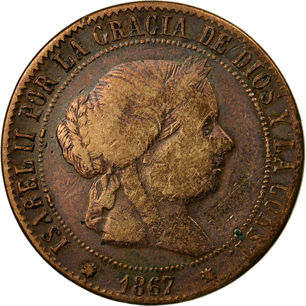 Coin, Spain, Isabel II, 5 Centimos, 1867, Madrid, VF(30-35), Copper, KM:635.1