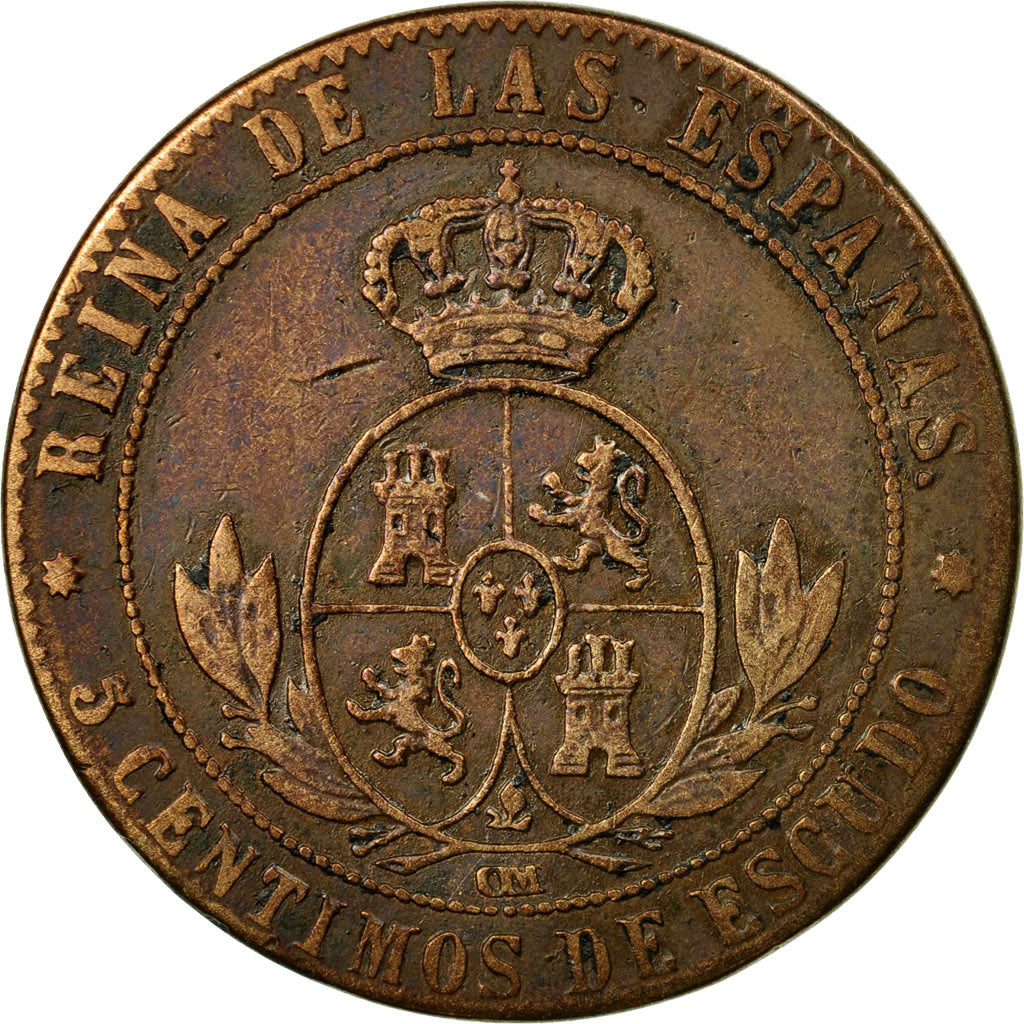 Coin, Spain, Isabel II, 5 Centimos, 1867, Madrid, VF(30-35), Copper, KM:635.1