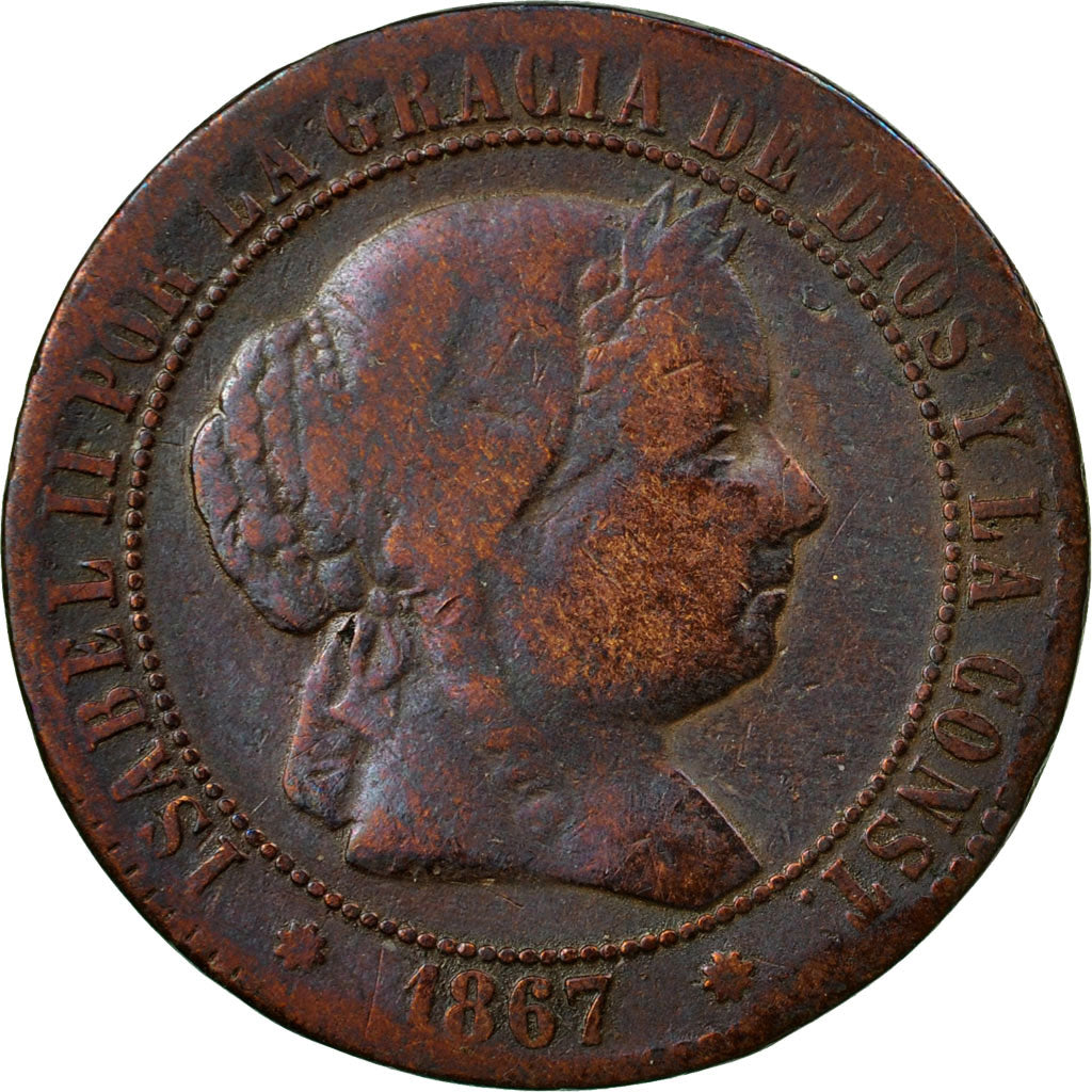 Coin, Spain, Isabel II, 2-1/2 Centimos, 1867, Madrid, VF(30-35), Copper