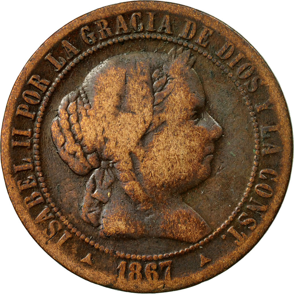 Münze, Spanien, Isabel II, 2-1/2 Centimos, 1867, Madrid, SGE+, Kupfer, KM:634.4