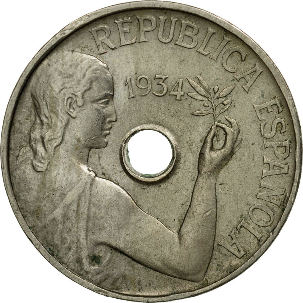 Coin, Spain, 25 Centimos, 1934, Vienna, VF(30-35), Copper-nickel, KM:751