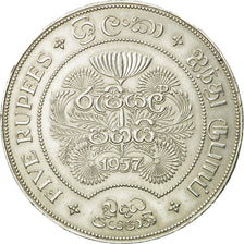 Coin, Ceylon, Elizabeth II, 5 Rupees, 1957, EF(40-45), Silver, KM:126