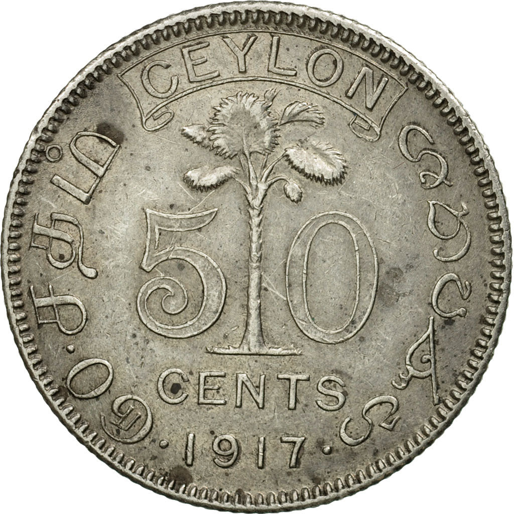 Coin, Ceylon, George V, 50 Cents, 1917, EF(40-45), Silver, KM:109