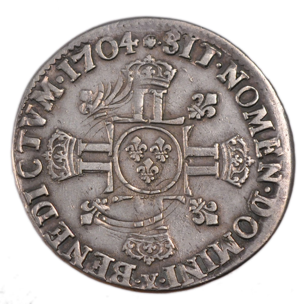 FRANCE, 1/2 Écu aux 8L 2e type, 1/2 ECU, 45 Sols, 1704, Amiens, KM #355.16, ...