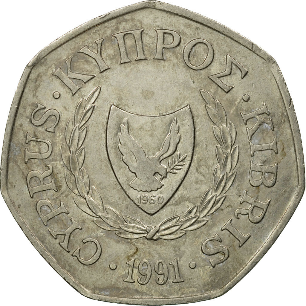 Coin, Cyprus, 50 Cents, 1991, VF(20-25), Copper-nickel, KM:66