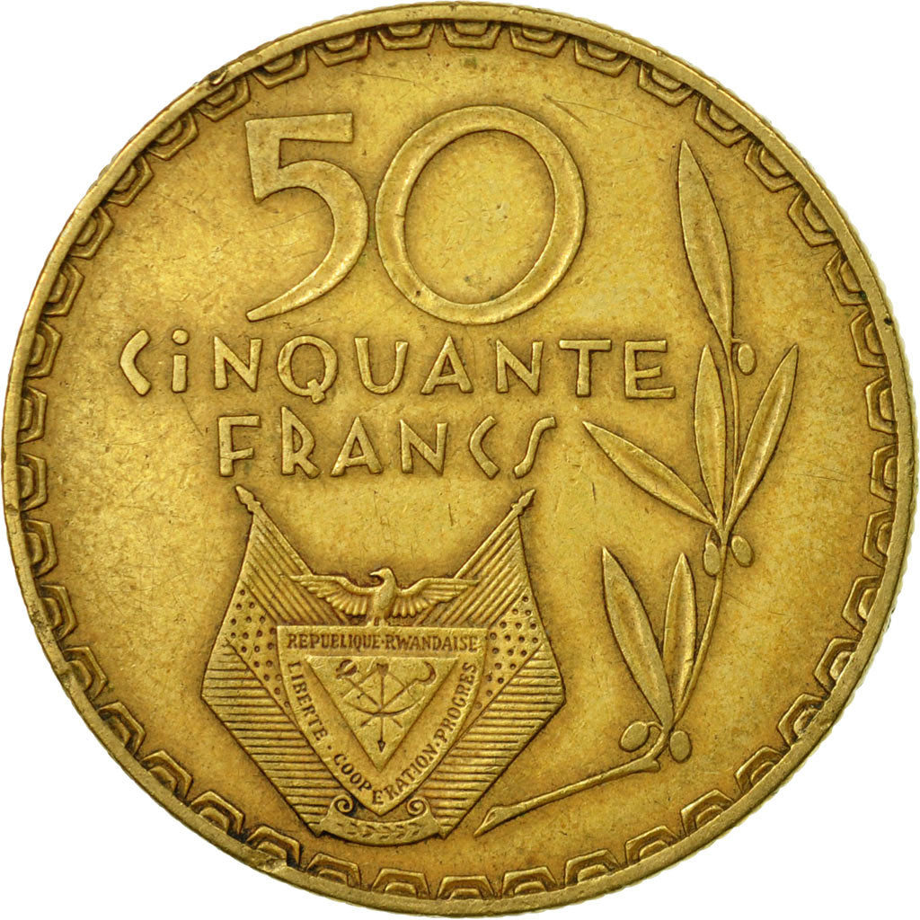Coin, Rwanda, 50 Francs, 1977, Paris, EF(40-45), Brass, KM:16