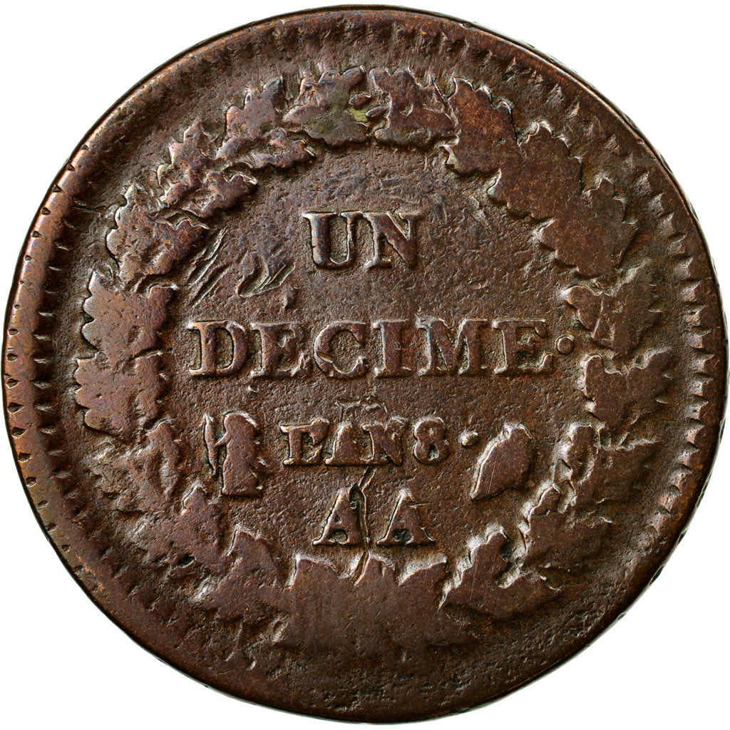 Coin, France, Dupré, Decime, AN 8, Metz, VF(20-25), Bronze, KM:644.2, Le