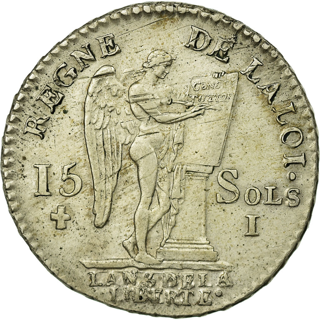 France, Louis XVI, 15 sols françois, 1791 / AN 3, Limoges, Silver, AU(50-53)