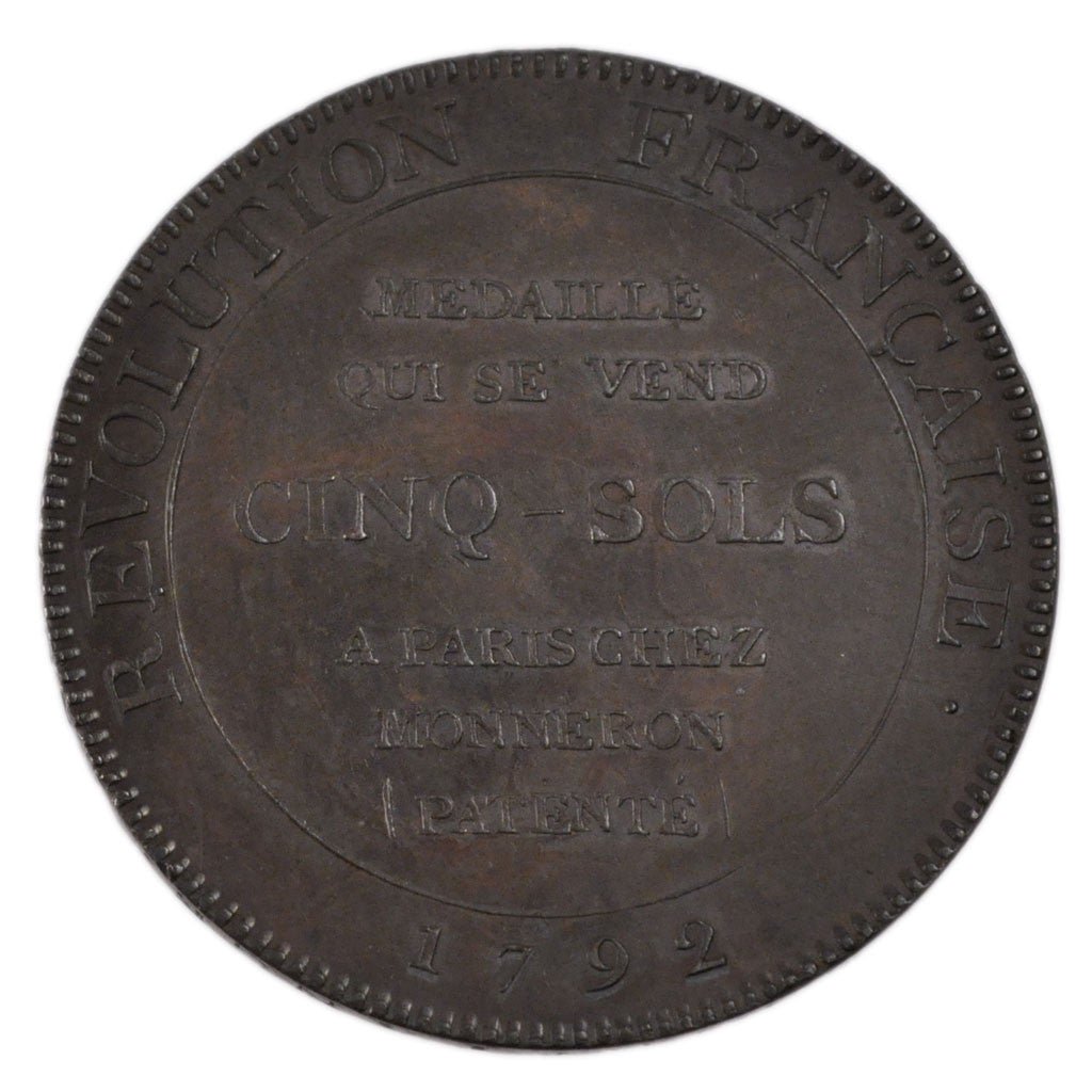 FRANCE, 5 Sols, 1792, KM #Tn35, AU(55-58), Bronze, Brandon #226, 26.80