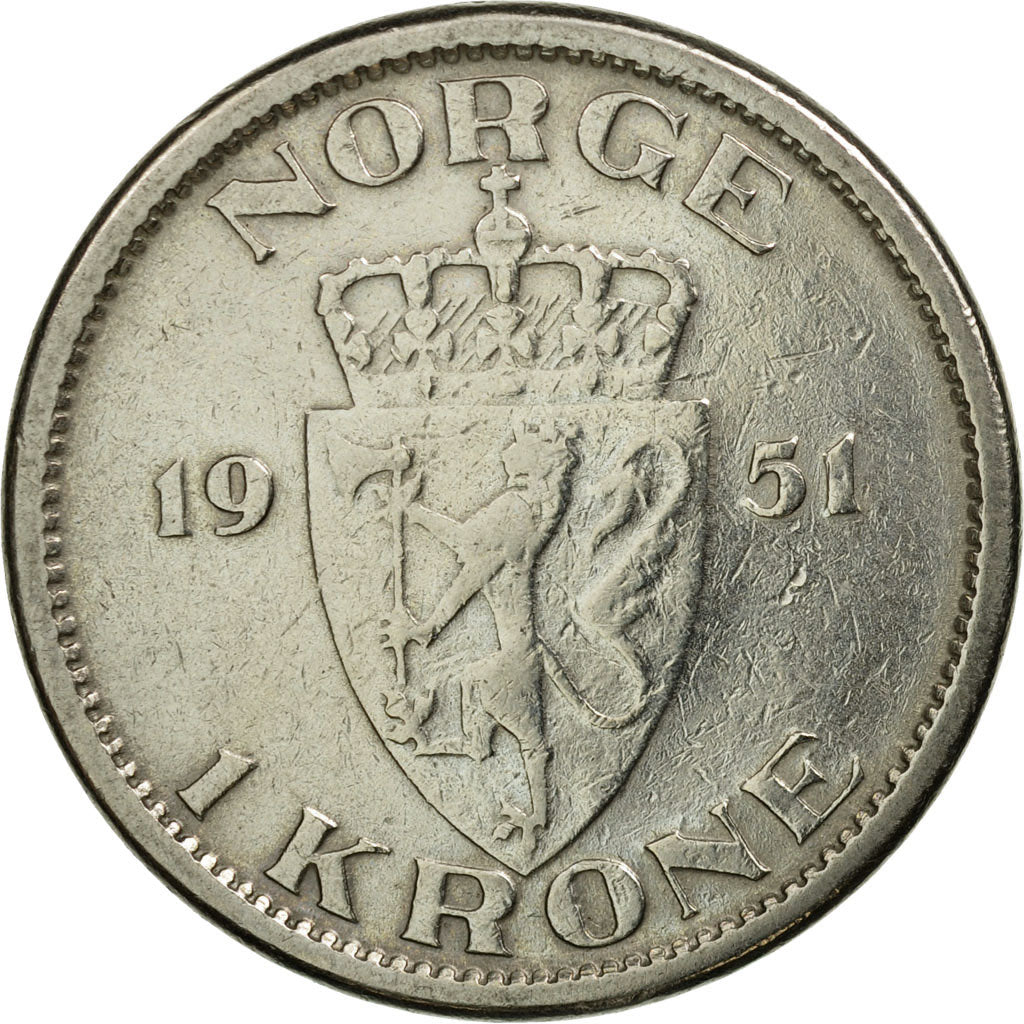 Coin, Norway, Haakon VII, Krone, 1951, EF(40-45), Copper-nickel, KM:397.1