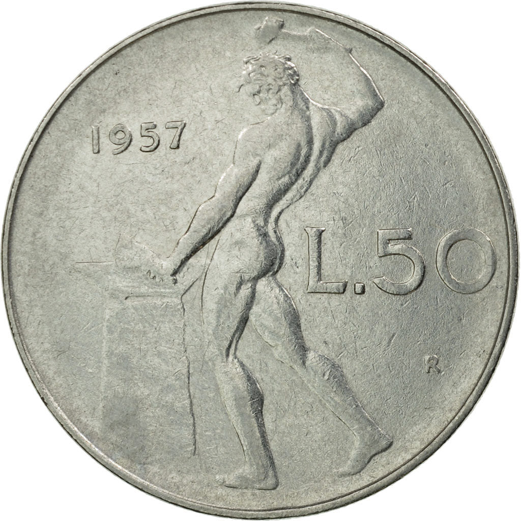Moneda, Italia, 50 Lire, 1957, Rome, MBC, Acero inoxidable, KM:95.1