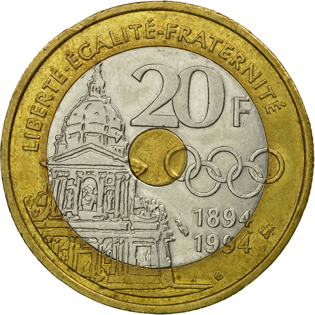 Monnaie, France, Pierre de Coubertin, 20 Francs, 1994, Paris, TB+, Tri-Metallic