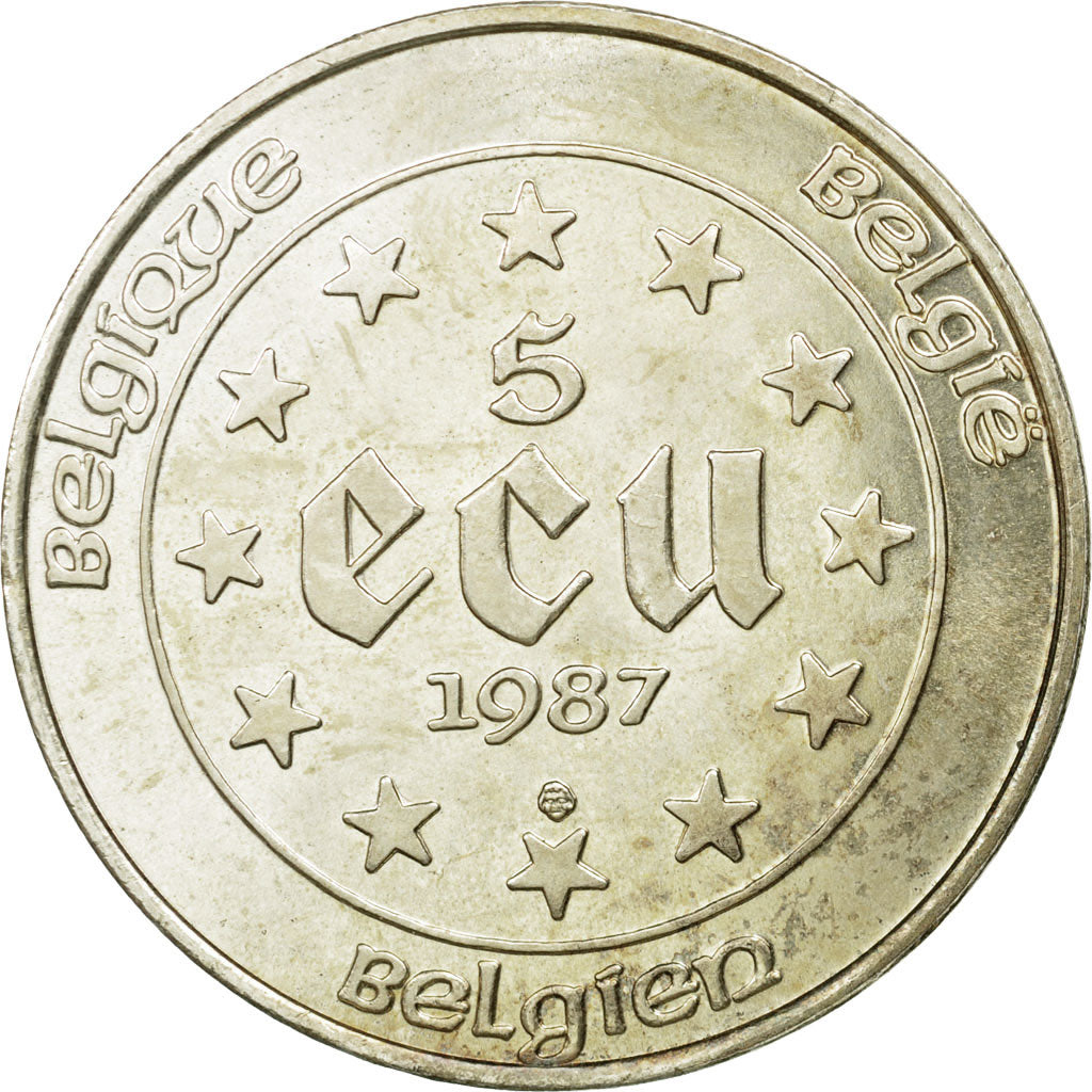 Moneta, Belgia, 5 Ecu, 1987, MS(63), Srebro, KM:166