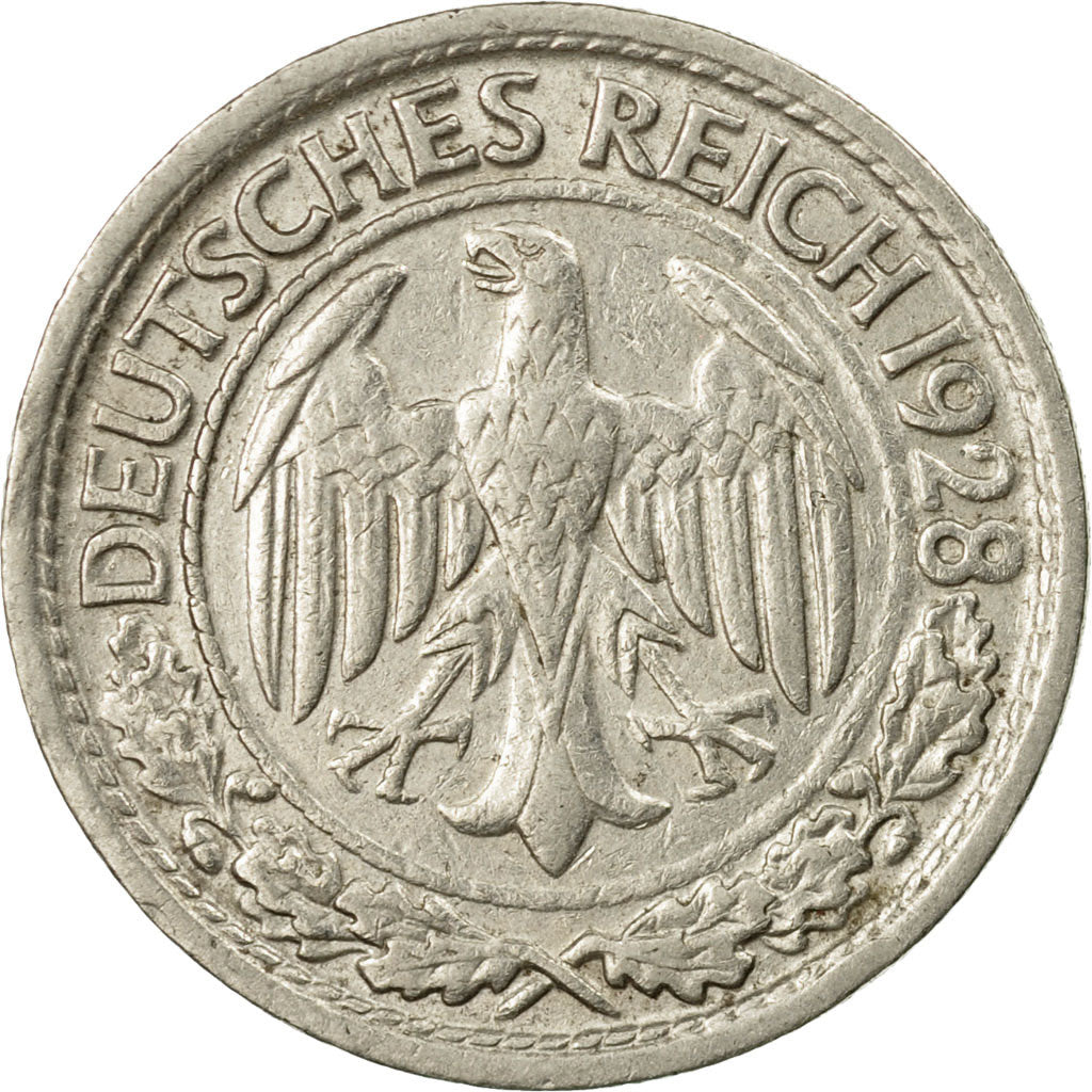 Coin, GERMANY, WEIMAR REPUBLIC, 50 Reichspfennig, 1928, Stuttgart, EF(40-45)