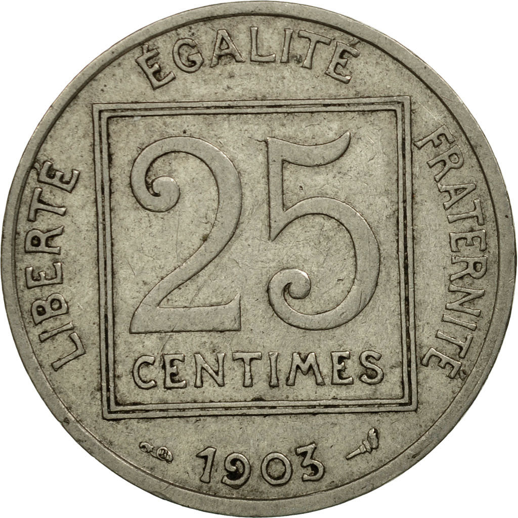 Moneda, Francia, Patey, 25 Centimes, 1903, Paris, BC+, Níquel, KM:855, Le