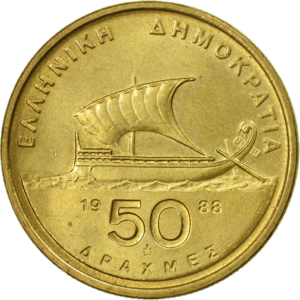 Coin, Greece, 50 Drachmes, 1988, AU(55-58), Aluminum-Bronze, KM:147
