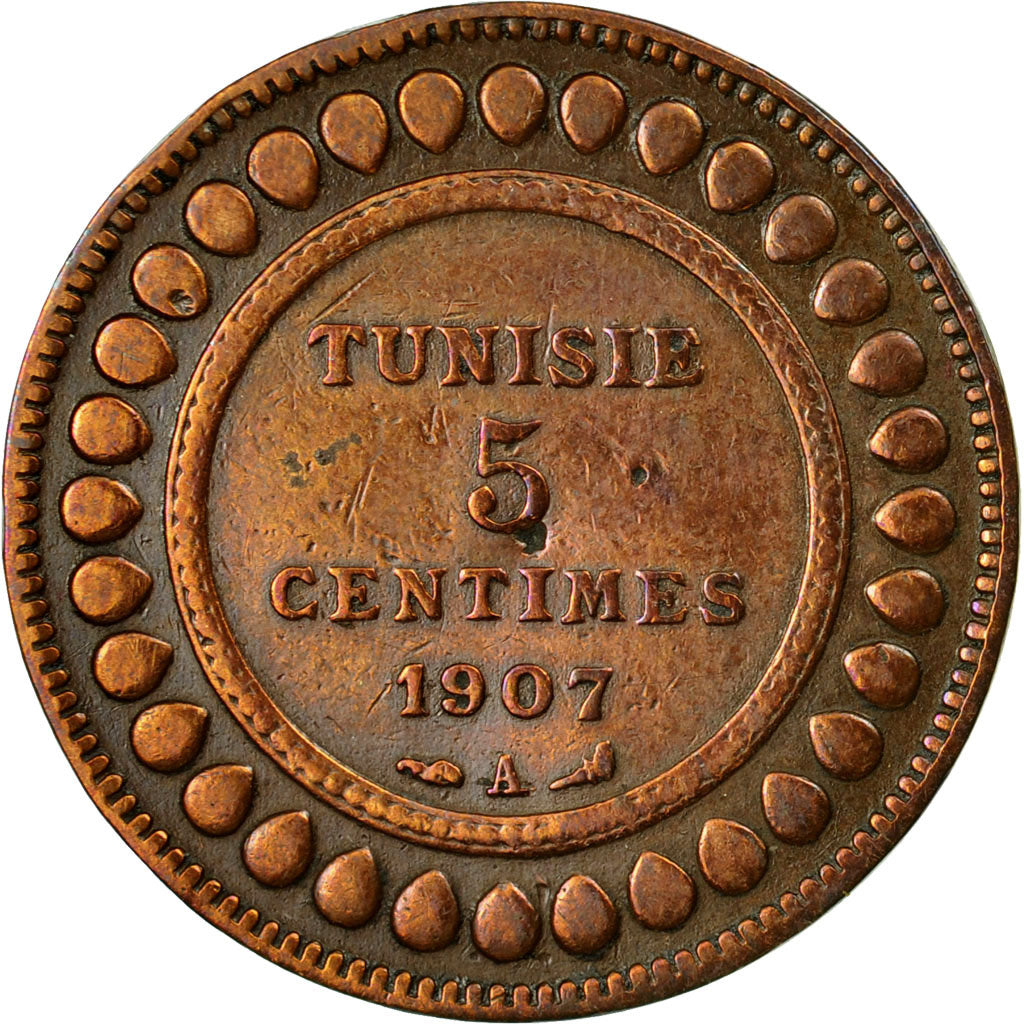 Coin, Tunisia, Muhammad al-Nasir Bey, 5 Centimes, 1907, Paris, EF(40-45)