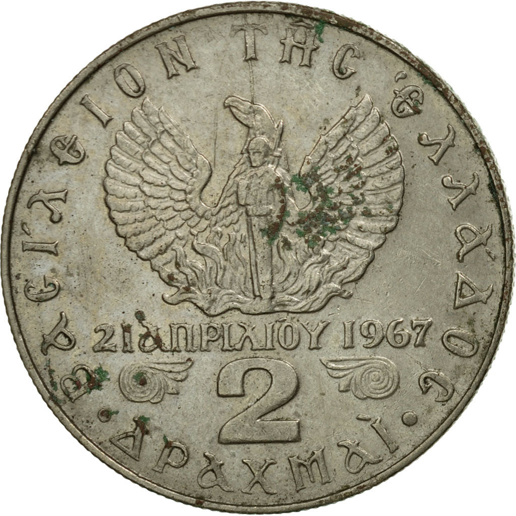 Monnaie, Grèce, Constantine II, 2 Drachmai, 1967, B+, Copper-nickel, KM:90