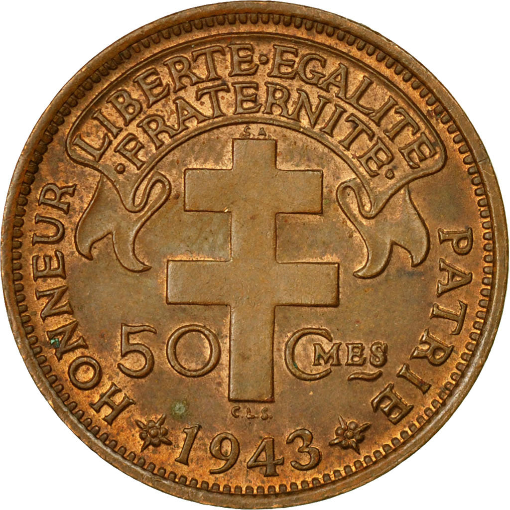 Coin, Madagascar, 50 Centimes, 1943, Pretoria, EF(40-45), Bronze, KM:1