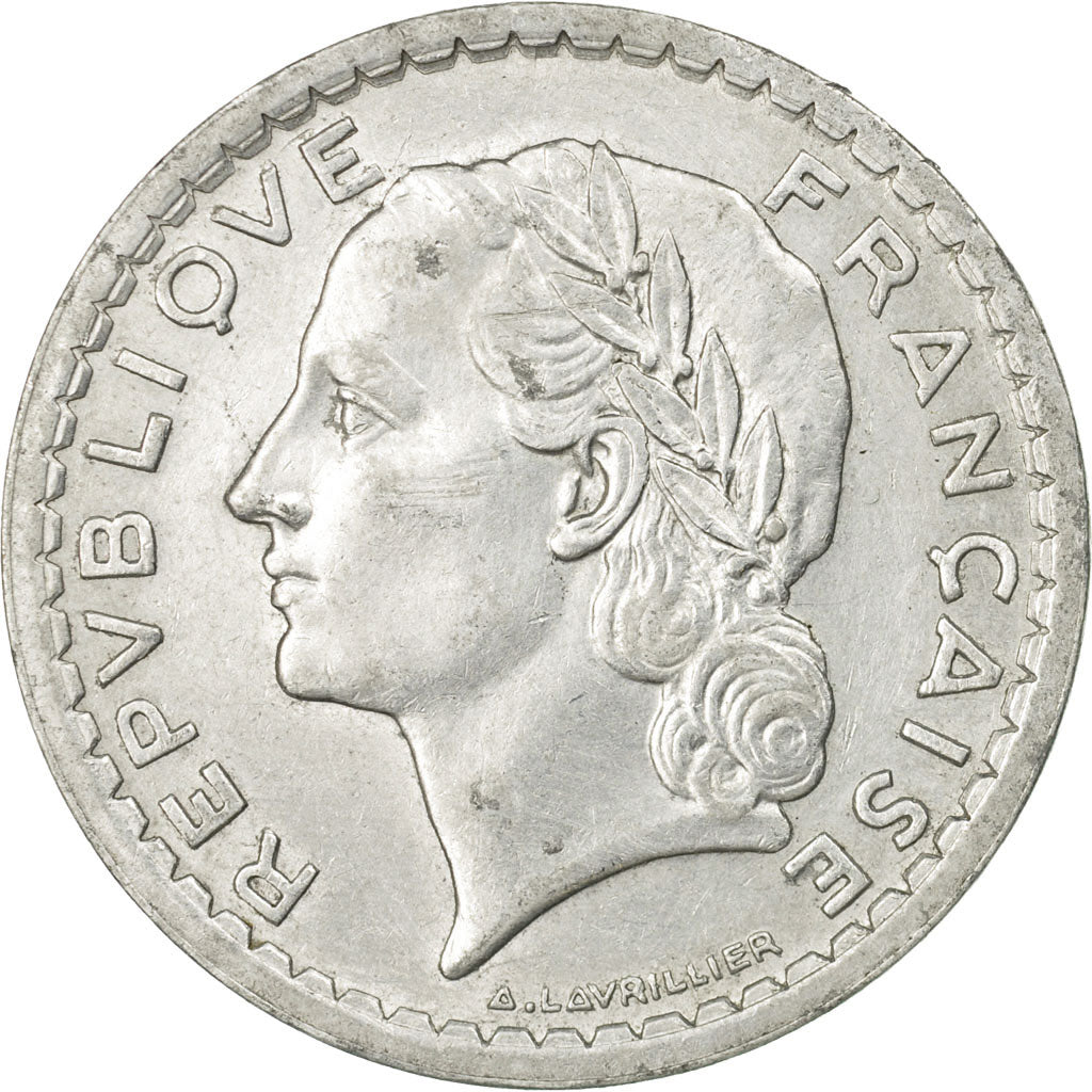 Moneda, Francia, Lavrillier, 5 Francs, 1949, Beaumont - Le Roger, BC+, Aluminio