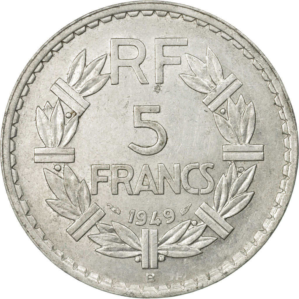 Moneda, Francia, Lavrillier, 5 Francs, 1949, Beaumont - Le Roger, BC+, Aluminio