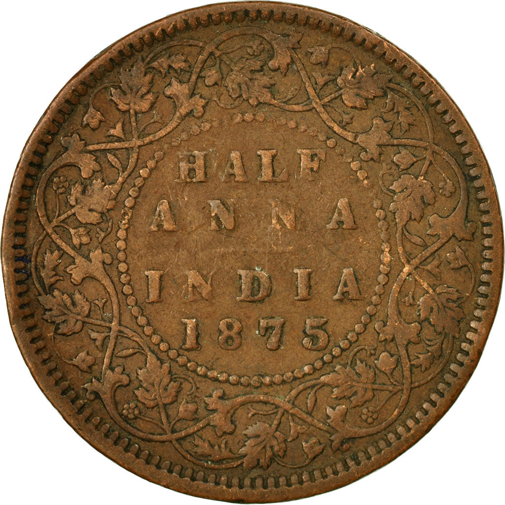 Coin, INDIA-BRITISH, Victoria, 1/2 Anna, 1875, VF(20-25), Copper, KM:468