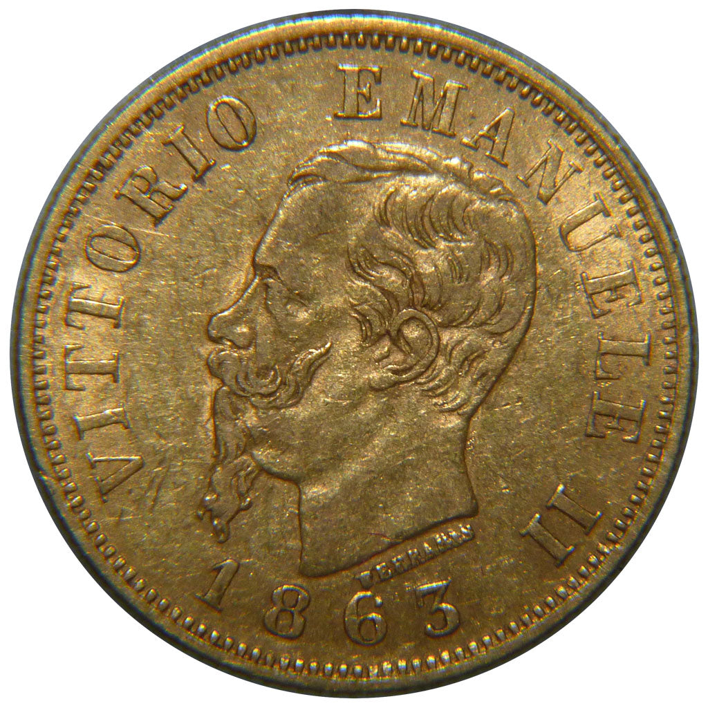 Italy, 10 Lires, 1863, KM #9.2, EF(40-45), Gold, 18.5, 3.20