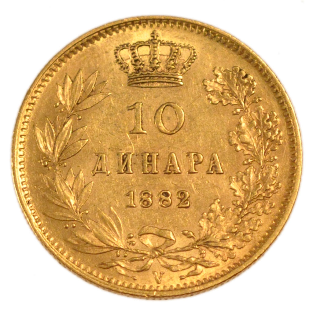 SERBIA, 10 Dinara, 1882, KM #16, AU(50-53), Gold, 3.20