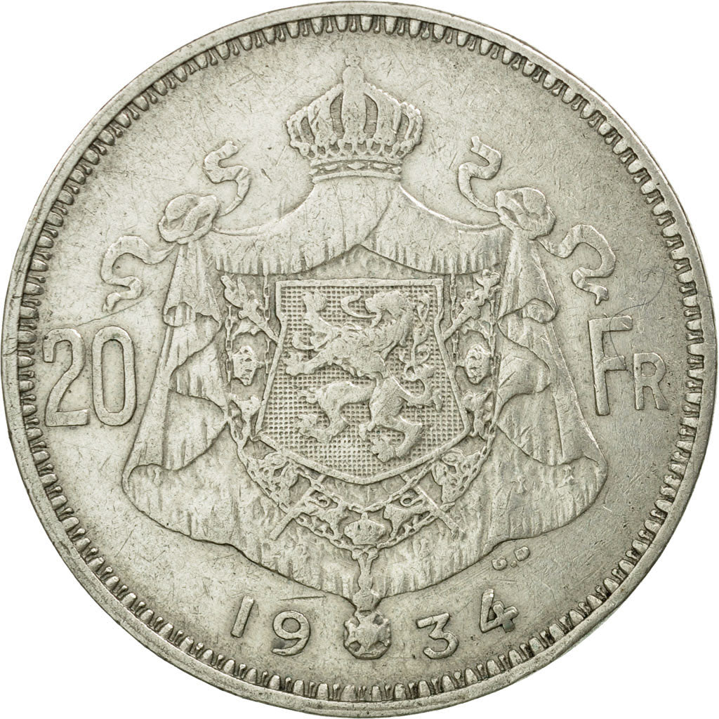Moneda, Bélgica, 20 Francs, 20 Frank, 1934, MBC+, Plata, KM:103.1