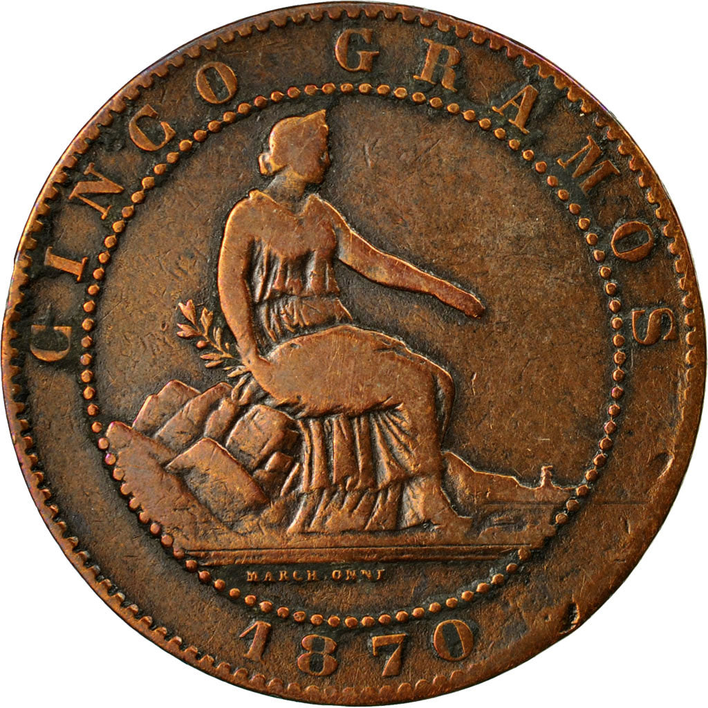 Coin, Spain, Provisional Government, 5 Centimos, 1870, Madrid, F(12-15), Copper