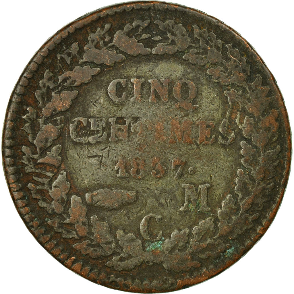 Coin, Monaco, Honore V, 5 Centimes, Cinq, 1837, Monaco, F(12-15), Copper