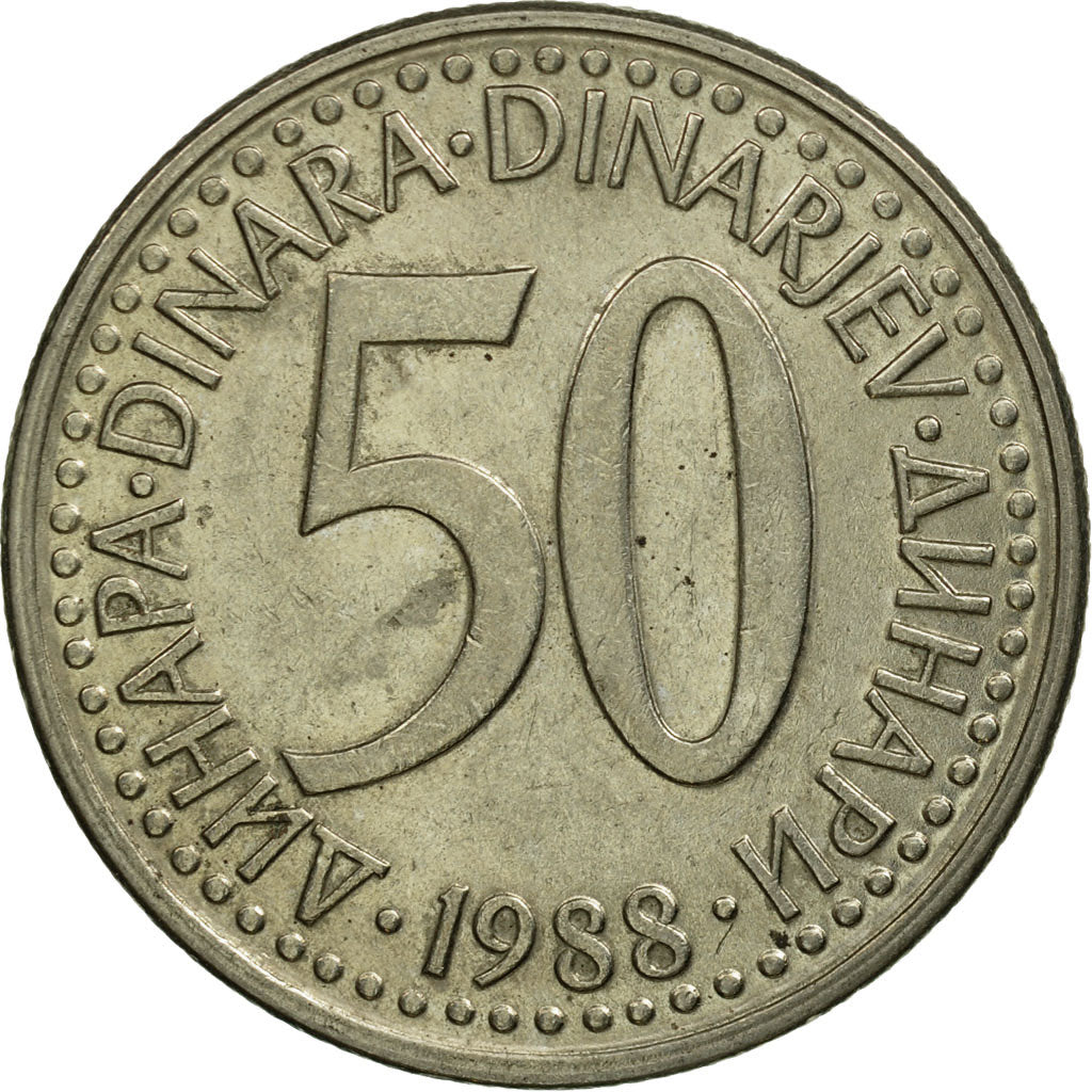 Iugoslavia, 50 Dinara, 1988, Rame-nichel-zinco, MB+