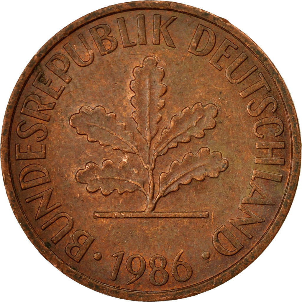 Coin, GERMANY - FEDERAL REPUBLIC, 2 Pfennig, 1986, Karlsruhe, EF(40-45), Copper