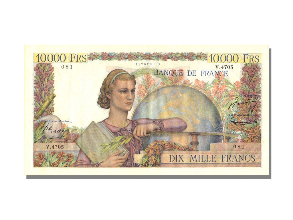 France, 10,000 Francs, 1953, KM #132d, 1953-04-02, UNC(63), V.4705, Fayette...