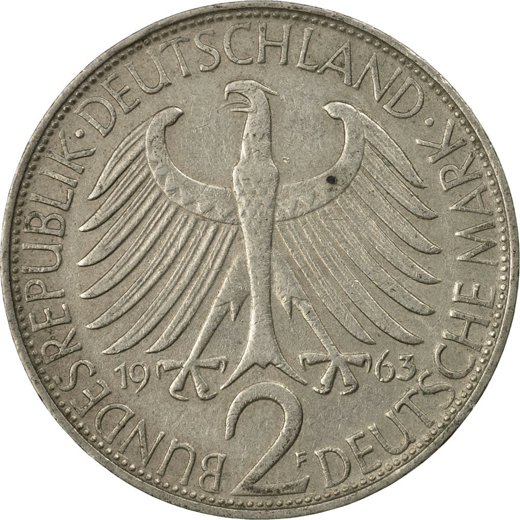 Moneda, ALEMANIA - REPÚBLICA FEDERAL, 2 Mark, 1963, Stuttgart, MBC, Cobre -