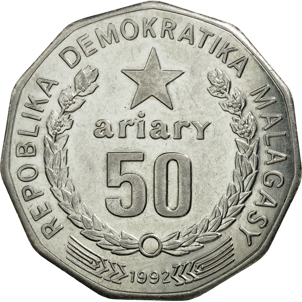 Coin, Madagascar, 50 Ariary, 1992, Paris, AU(50-53), Stainless Steel, KM:20