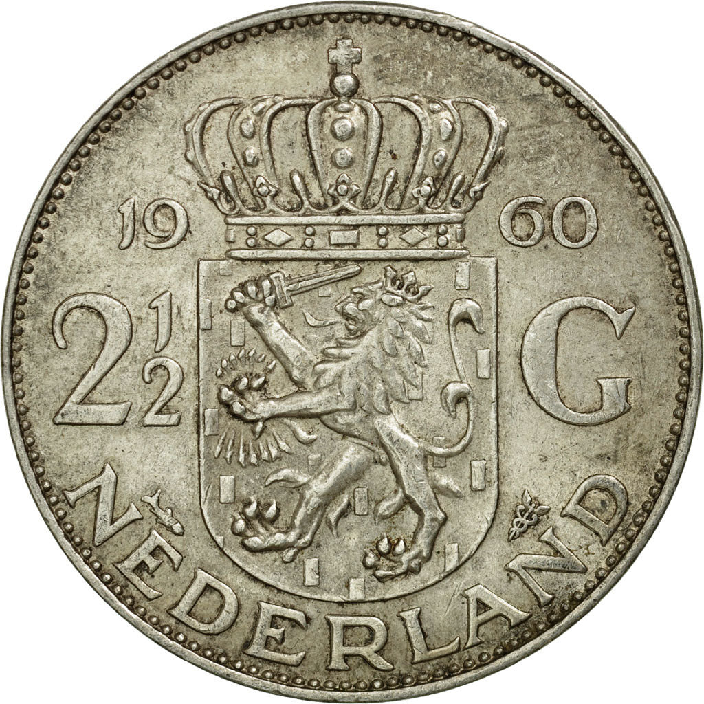 Coin, Netherlands, Juliana, 2-1/2 Gulden, 1960, EF(40-45), Silver, KM:185
