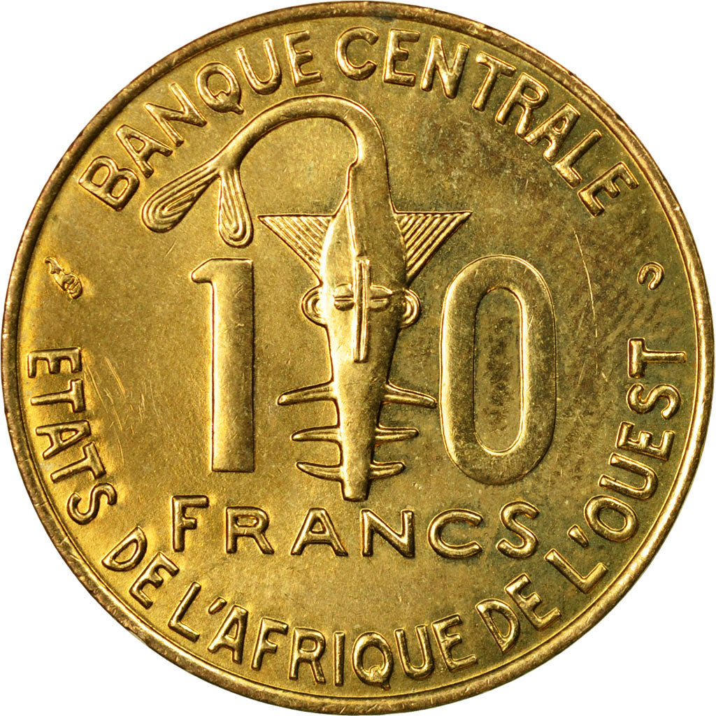 Coin, West African States, 10 Francs, 2001, Paris, AU(55-58), Aluminum-Bronze