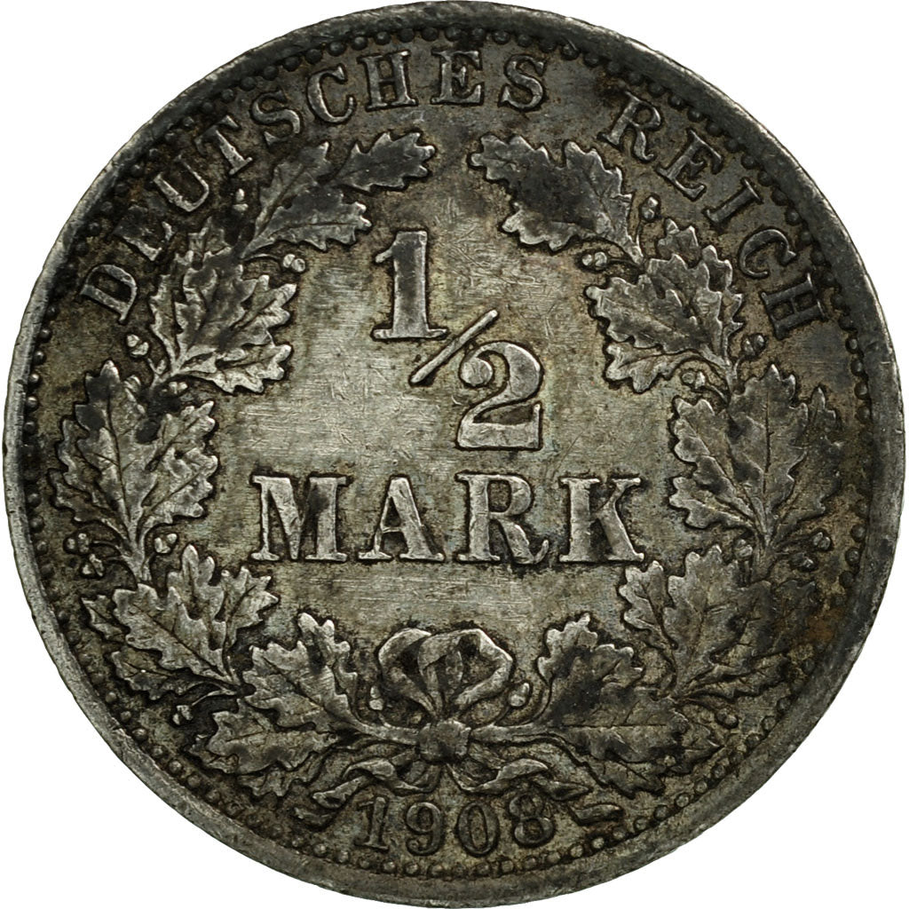 Coin, GERMANY - EMPIRE, 1/2 Mark, 1908, Berlin, VF(30-35), Silver, KM:17